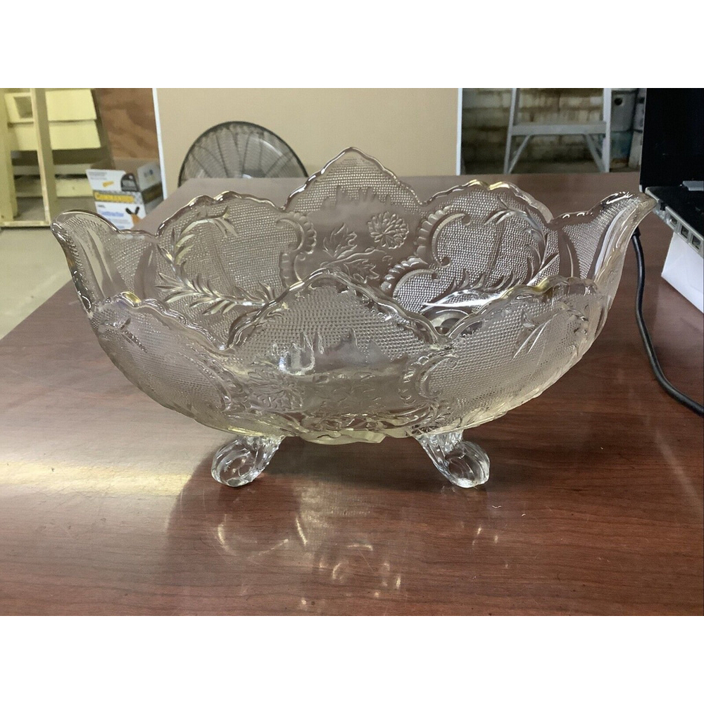 Vintage Jeanette Lombardi Pressed Glass Footed Fruit Bowl Jaded Edges 10"x 6.5”